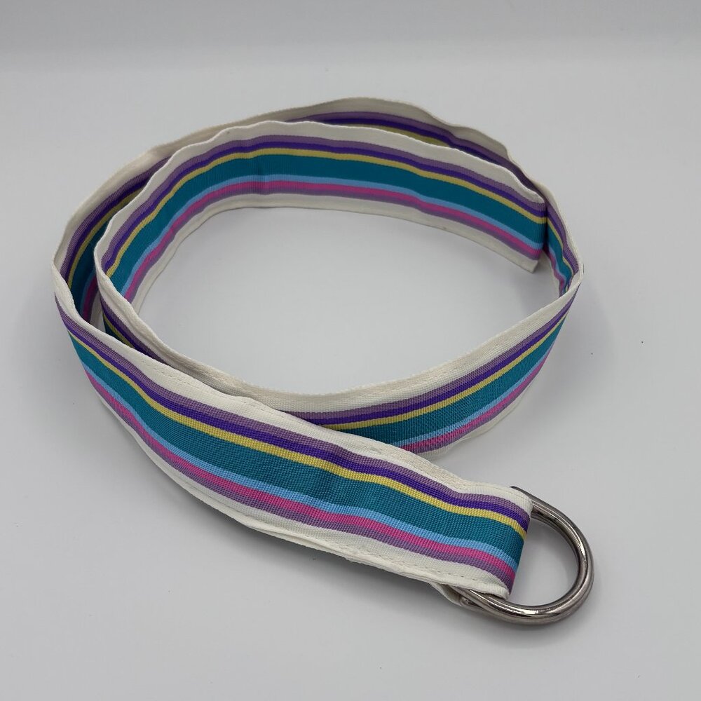 Y2K Preppy Ribbon Belt S Purple Blue Teal Striped Double D-Ring Metal Golf